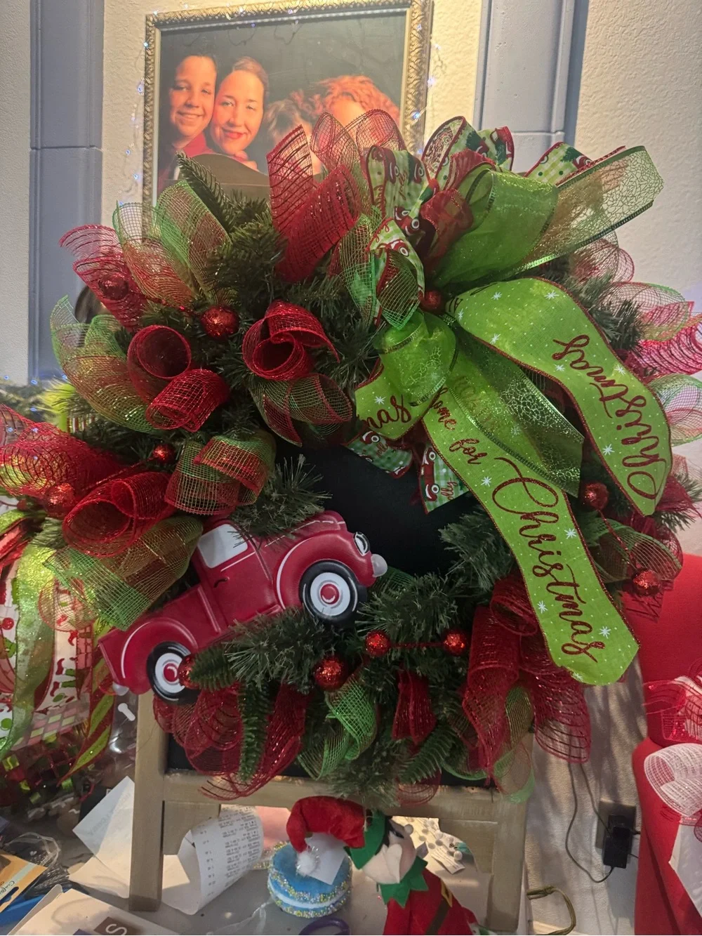 Red & Green Holiday Wreath with Vintage Red Truck - ALL ROADS LEAD HOME WREATH